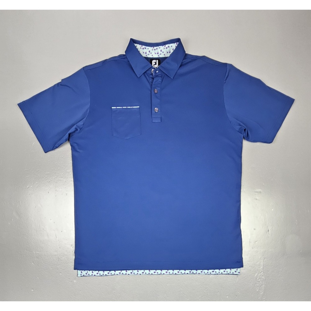 FootJoy Polo Shirt Mens Large Golf Performance Blue Floral‎ Trim Short Sleeve